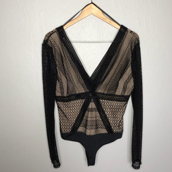 BeBe Black & Nude Lace Long Sleeve Thong Bodysuit